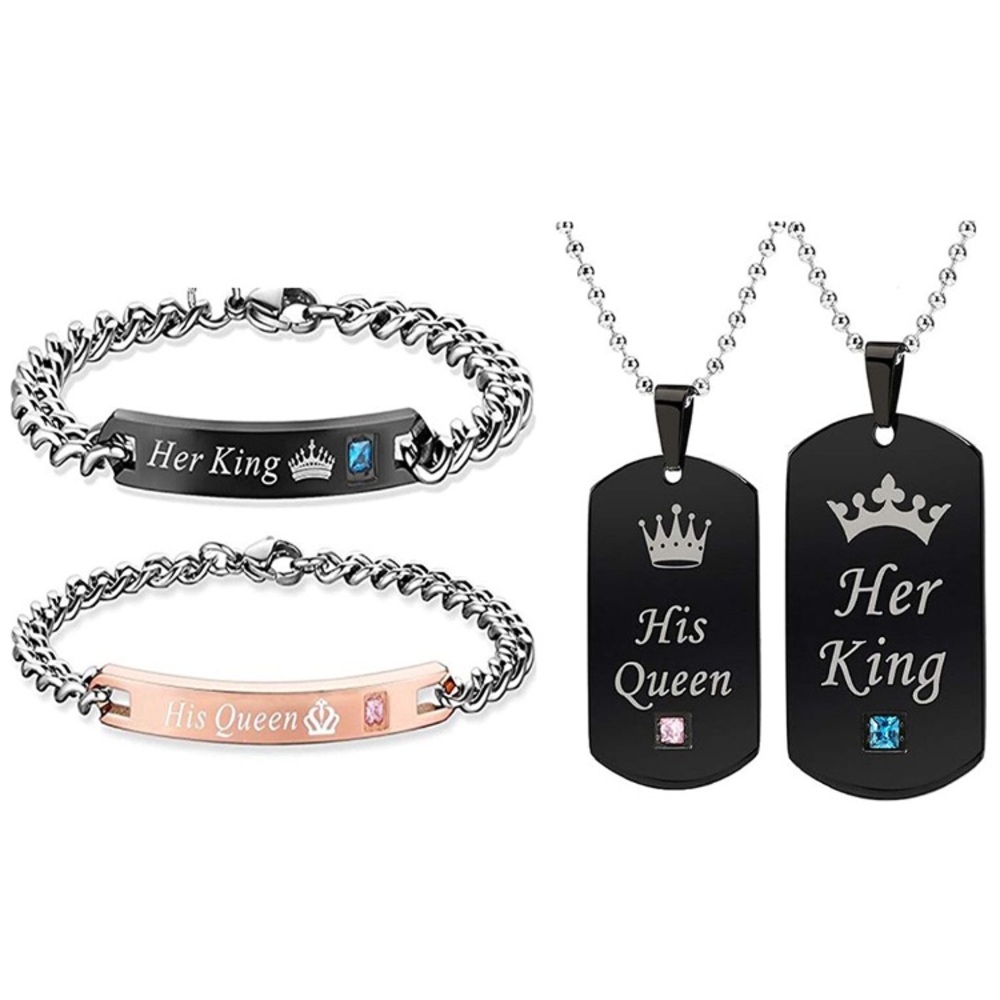 King and queen necklace and bracelet set couples
